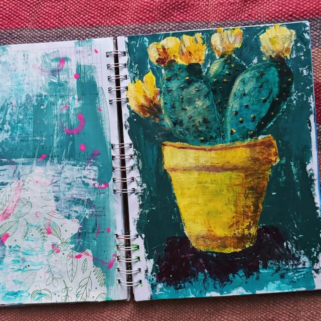 Don’t let your paints go to waste or dry in their tubes. Use an old notebook or agenda to experiment and play, test your brushes and swatch you paint. You’ll build pages without even trying
This agenda from 2010 used to be my notebook at work.. now it lives beside me in every painting session. It catches leftover paint, quick marks, and scrap paper.. which often becomes the base of a new spontaneous painting.

لا تدع ألوانك تضيع أو تجف في أنابيبها. استخدم دفتر ملاحظات قديمًا أو أجندة للتجربة واللعب، اختبر فرشاتك وجرب ألوانك. سترسم صفحات دون أي جهد.

سنة 2010 كانت هذه الأجندة بمثابة دفتر ملاحظاتي في العمل، والآن ترافقني أثناء جلسات الصباغة والرسم، تجمع بقايا الطلاء والعلامات العفوية وقصاصات الورق، والتي غالبًا ما تصبح أساسًا للوحة جديدة.